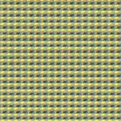 Leaf pattern yellow blue gray horizontal rows staggered arrangement dense geometric textile design surface covering consistent repeat.